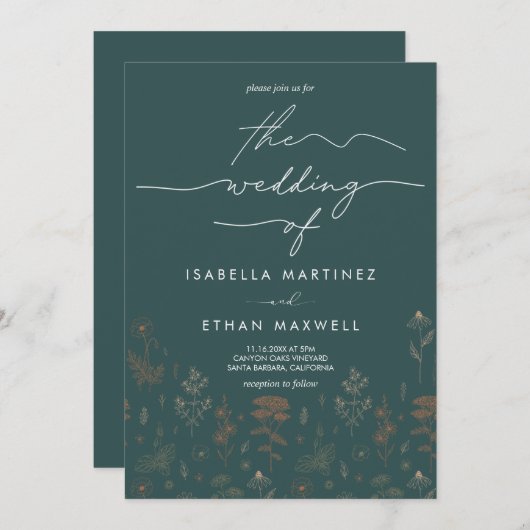 Elegant Copper Botanical Script Dark Teal Wedding 招待状 (正面/裏面)