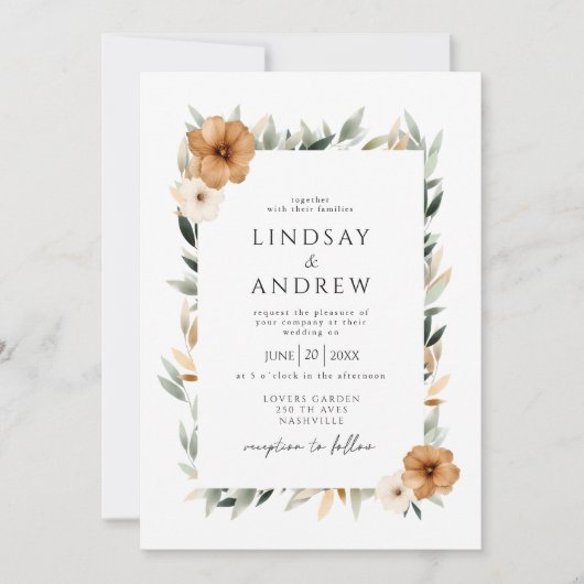 Elegant Copper & Earthy Botanical Photo Wedding 招待状 (正面)
