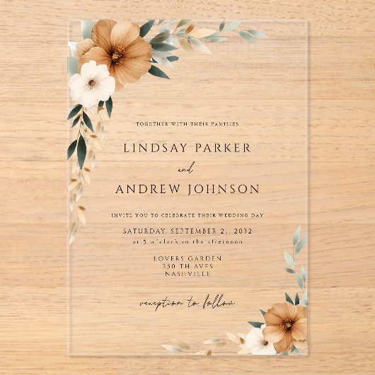 Elegant Copper & Earthy Botanical Wedding アクリル招待状 (正面)