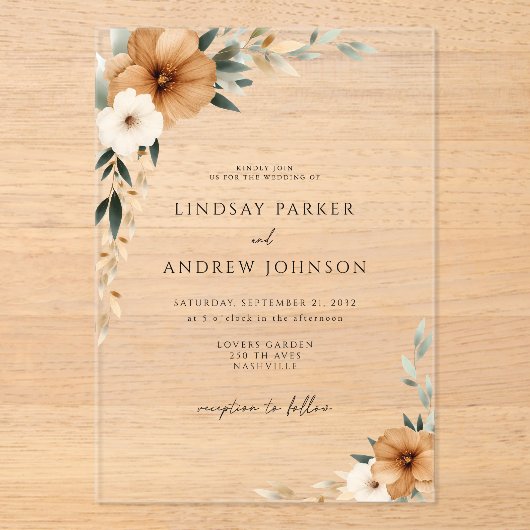 Elegant Copper & Earthy Botanical Wedding アクリル招待状 (正面)