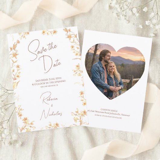 Elegant Copper Glow Wildflowers Script Photo セーブザデート