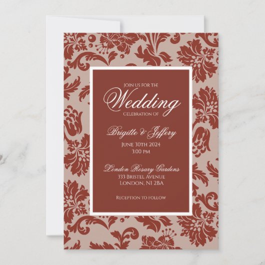 Elegant copper rust damask wedding invitation 招待状 (正面)