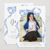 Elegant Coquette Blue Bow Photo Graduation Party 招待状 (正面/裏面)