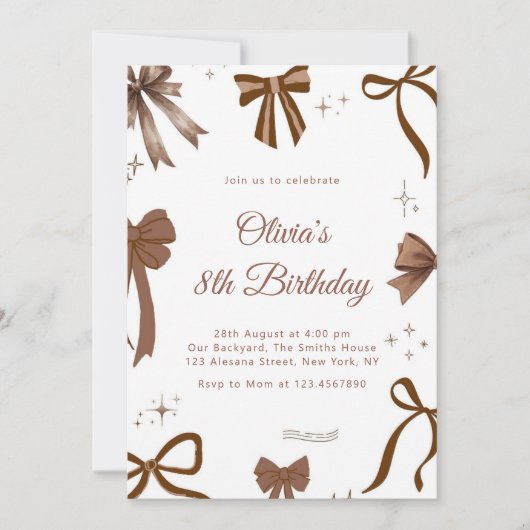 Elegant Coquette Brown Bow Birthday Invitation 招待状 (正面)
