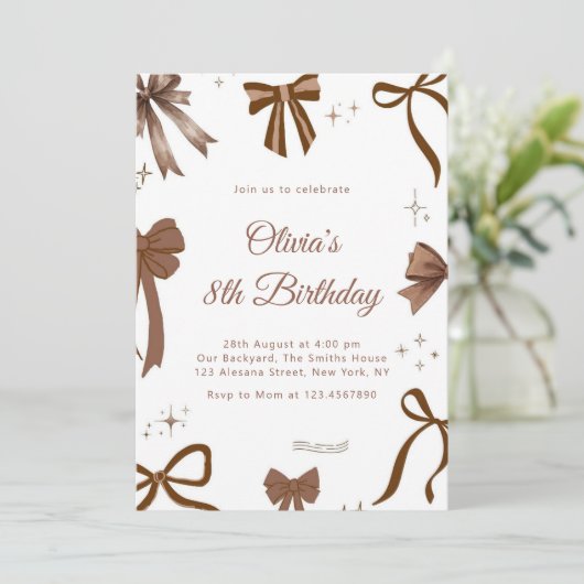 Elegant Coquette Brown Bow Birthday Invitation 招待状 (スタンド正面)