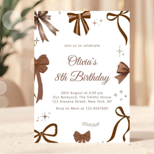 Elegant Coquette Brown Bow Birthday Invitation 招待状
