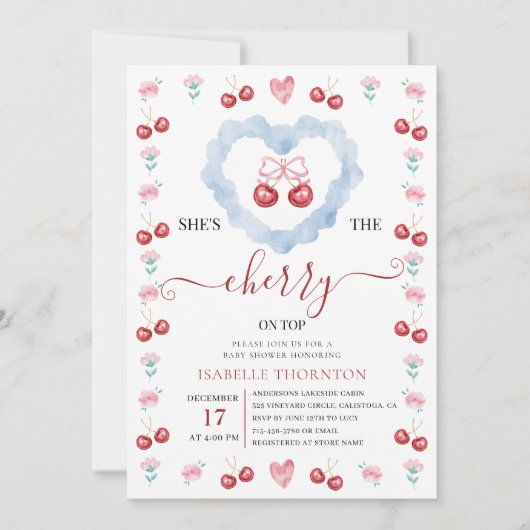 Elegant Coquette Cherry on Top Baby Shower 招待状 (正面)