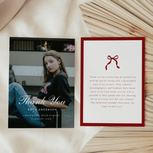 Elegant Coquette Classic Wine Red Graduation Photo サンキューカード