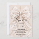 Elegant Coquette Pearl Bow Baptism 招待状 (正面)