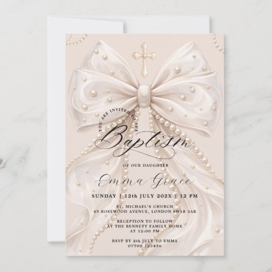 Elegant Coquette Pearl Bow Baptism 招待状 (正面)