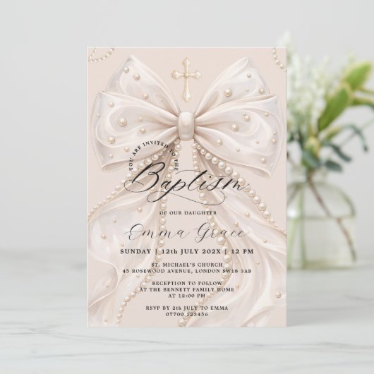 Elegant Coquette Pearl Bow Baptism 招待状 (スタンド正面)