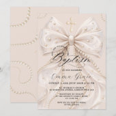 Elegant Coquette Pearl Bow Baptism 招待状 (正面/裏面)