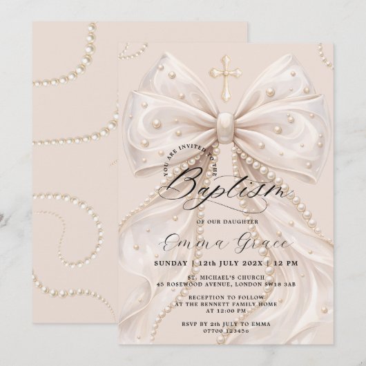 Elegant Coquette Pearl Bow Baptism 招待状 (正面/裏面)