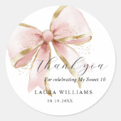 Elegant Coquette Pink Gold Bow Thank you Sweet 16 ラウンドシール (正面)