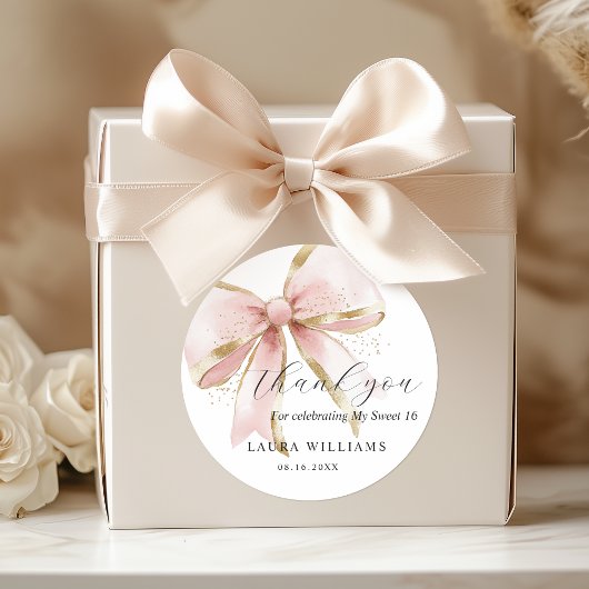 Elegant Coquette Pink Gold Bow Thank you Sweet 16 ラウンドシール