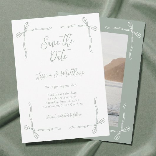 Elegant Coquette Sage Green Bow Photo Wedding セーブザデート