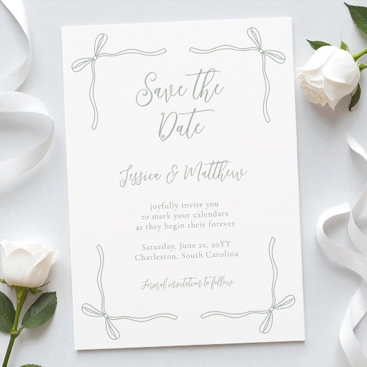 Elegant Coquette Sage Green Bows and Vows Wedding セーブザデート