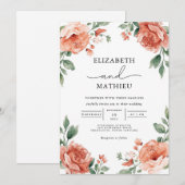 Elegant Coral and Green Floral Garden Wedding 招待状 (正面/裏面)