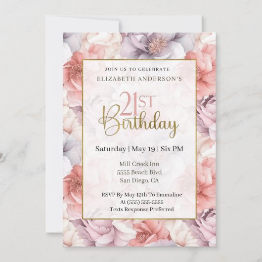 Elegant Coral and Lavender Peony 21st Birthday  招待状 (正面)