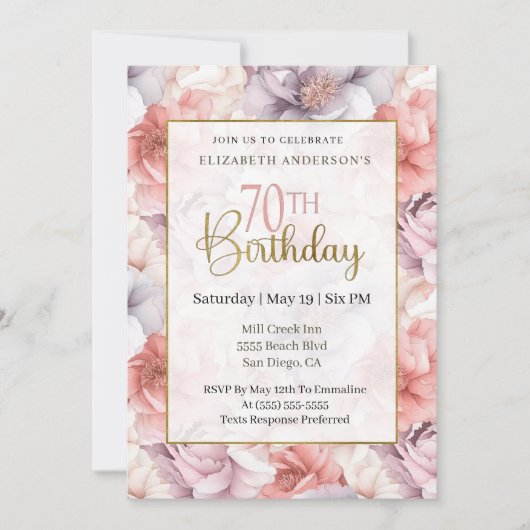 Elegant Coral and Lavender Peony 70th Birthday  招待状 (正面)