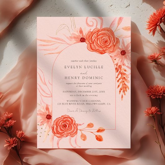 Elegant Coral Floral Terracotta Wedding 招待状
