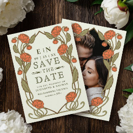 Elegant Coral Peony Art Nouveau Floral Wedding セーブザデート