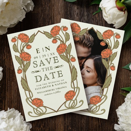 Elegant Coral Peony Art Nouveau Floral Wedding セーブザデート