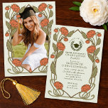 Elegant Coral Peony Art Nouveau Graduation Party 招待状<br><div class="desc">Capture timeless elegance with this Art Nouveau-inspired invitation! Featuring coral-colored peonies,  leaves against a light green background,  this design sets the tone for a sophisticated celebration. Please note that the gold on this product is NOT real foil; it is printed flat.</div>