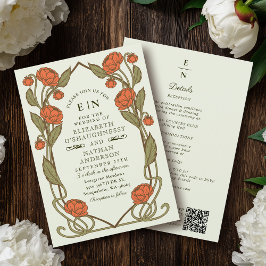 Elegant Coral Peony Art Nouveau QR Code Wedding 招待状