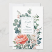 Elegant Coral Peony Eucalyptus Watercolor 招待状 (正面)