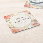 Elegant Coral Pink Floral Rose Gold Birthday スクエアペーパーコースター (アングル)