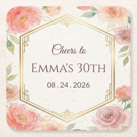 Elegant Coral Pink Floral Rose Gold Birthday スクエアペーパーコースター (正面)