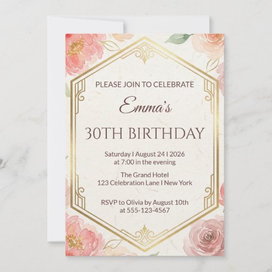 Elegant Coral Pink Floral Rose Milestone Birthday 招待状 (正面)