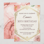 Elegant Coral Pink Floral Rose Milestone Birthday 招待状 (正面/裏面)