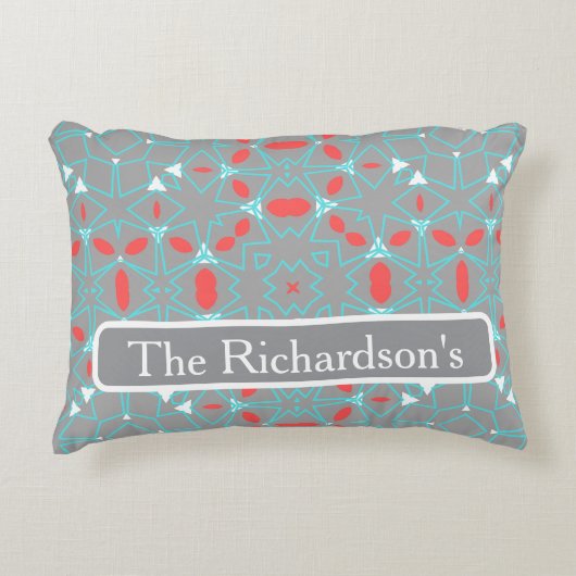 Elegant Coral Turquoise Grey Geometric Pattern  アクセントクッション (正面)
