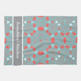 Elegant Coral Turquoise Grey Geometric Pattern  キッチンタオル