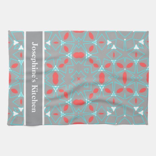 Elegant Coral Turquoise Grey Geometric Pattern  キッチンタオル (横)
