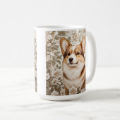 Elegant Corgi Cream Floral William Morris Inspired コーヒーマグカップ (正面右)