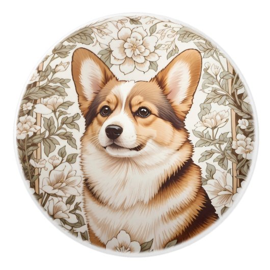 Elegant Corgi Cream Floral William Morris Inspired セラミックノブ (正面)