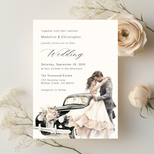 Elegant Couple Vintage Wedding Car Invitation 招待状
