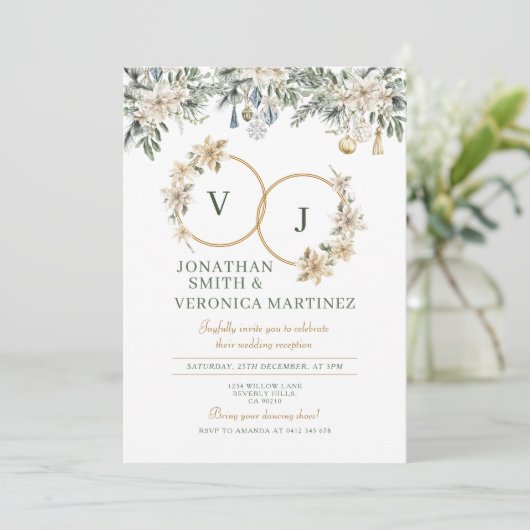 Elegant Couples Christmas Wedding Reception Floral 招待状 (スタンド正面)