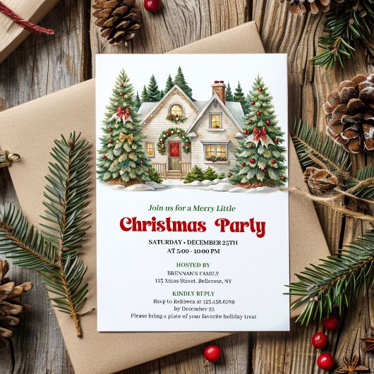 Elegant Cozy Christmas house invitation watercolor 招待状