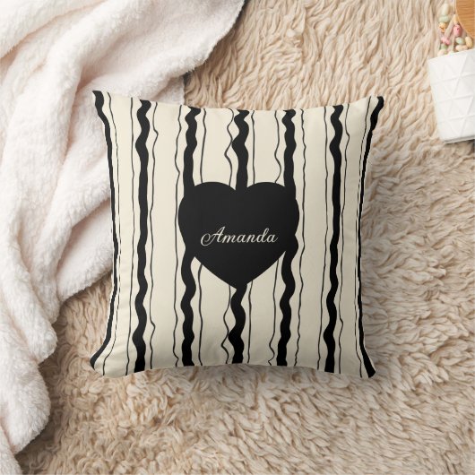 Elegant Cream and Black Stripes Heart Custom Name クッション (ブランケット)