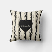 Elegant Cream and Black Stripes Heart Custom Name クッション (裏面)