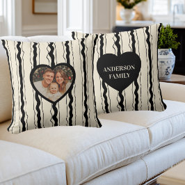 Elegant Cream and Black Stripes Heart Custom Photo クッション