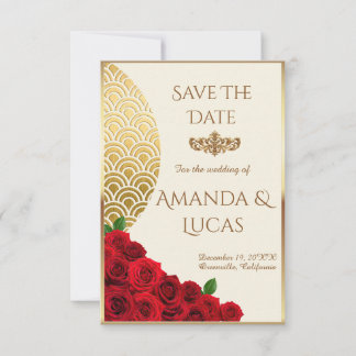Elegant Cream and Gold Save the Date with Red Rose 案内状