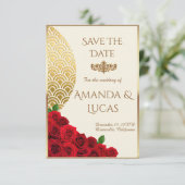 Elegant Cream and Gold Save the Date with Red Rose 案内状 (スタンド正面)