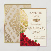 Elegant Cream and Gold Save the Date with Red Rose 案内状 (正面/裏面)