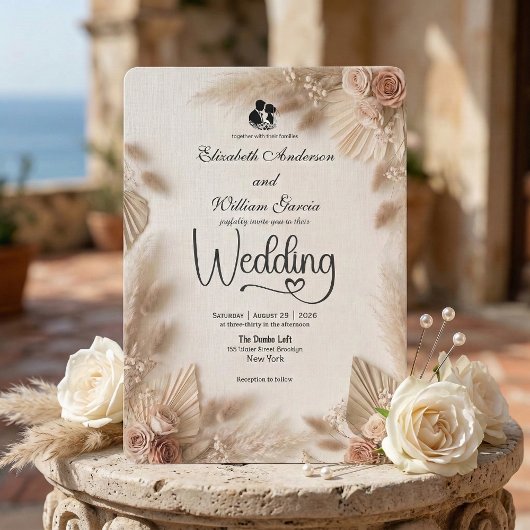 Elegant Cream Boho Rose Rustic Wedding 招待状