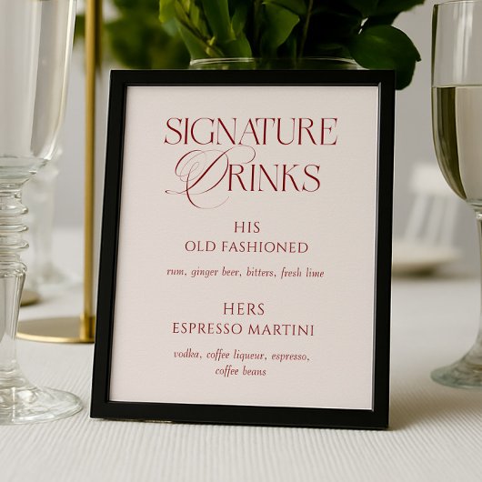 Elegant Cream & Burgundy Wedding Signature Drinks ポスター